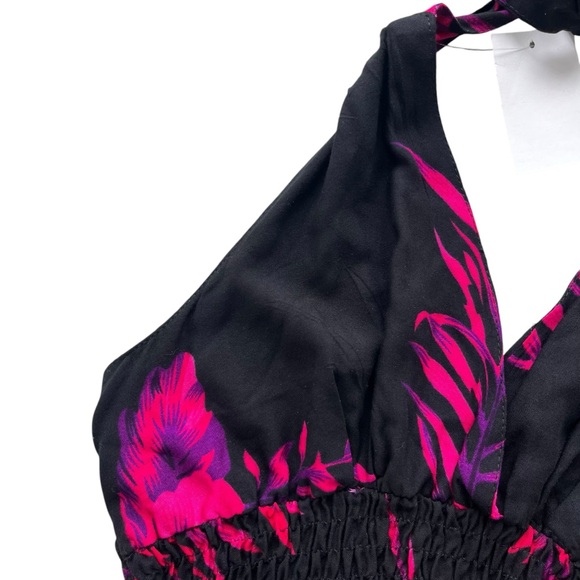 Tropical Women’s OS Pink, Purple Black Hibiscus Floral Halter Handkerchief Dress - Picture 6 of 16